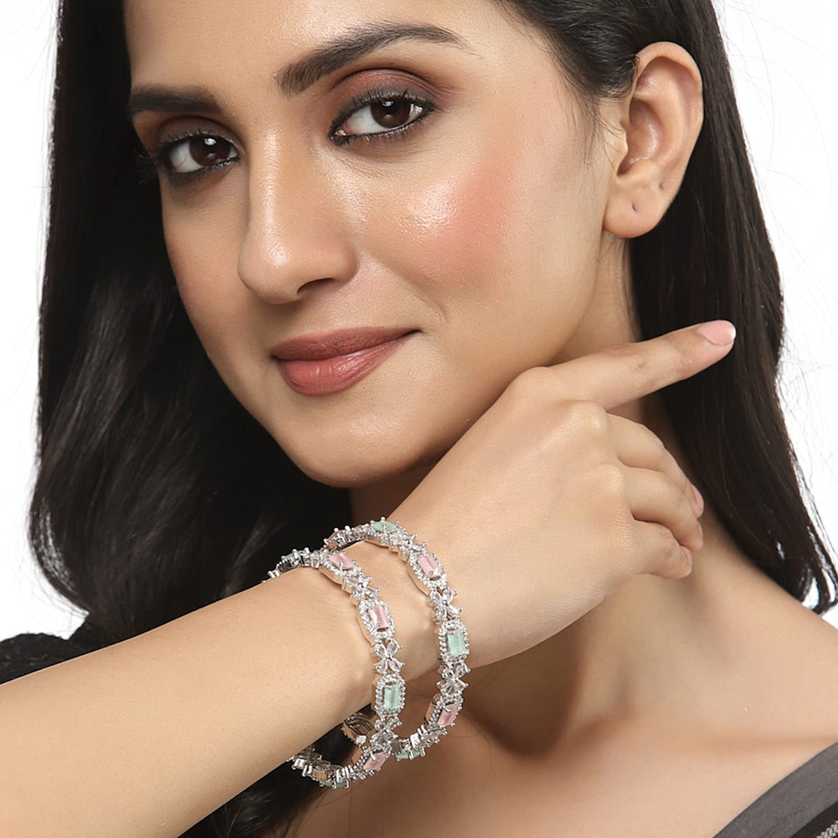 ZENEME Rhodium-Plated Silver Toned American Diamond Square Shaped studded Bangle Jewellery Set for Girls and Women (Set Of 2) T4 Jewels