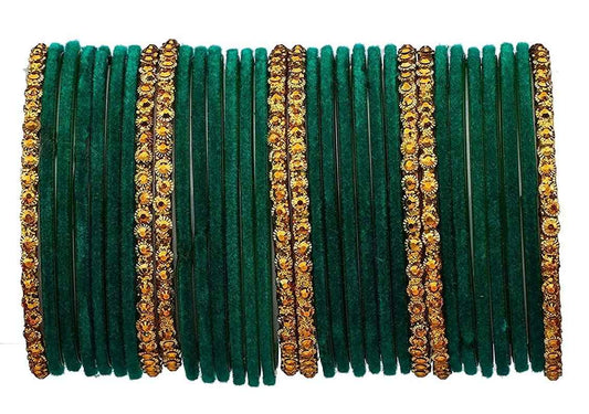 T4 Jewels 2.10 & 2.12 Size Gold Plated & Beads Plated Velvet Glass Bangle Set - MHM SET Dark Green All Bangle Sets T4 Jewels