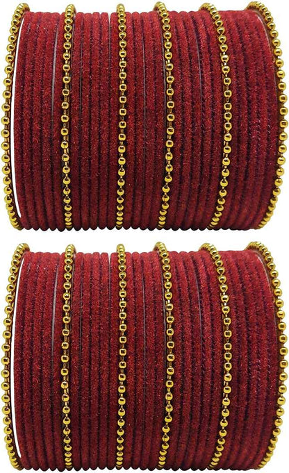 T4 Jewels Golden Beads Studded Glossy Finish Velvet Metal Bangles Set (Set Of 2) - 35NO