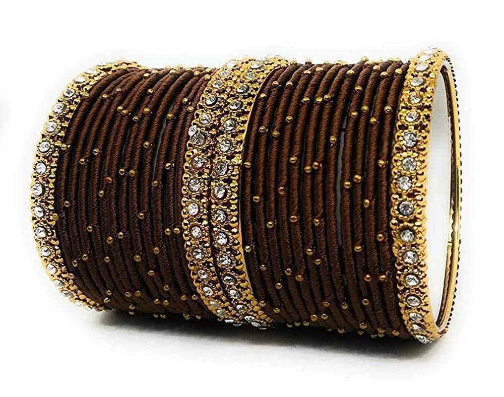 T4 Jewels Handmade Silk Thread Metal Bangles Set Zircon Stones Bridal Chuda/Wedding Chuda For Women & Girls (Set Of 28) Brown T4 Jewels