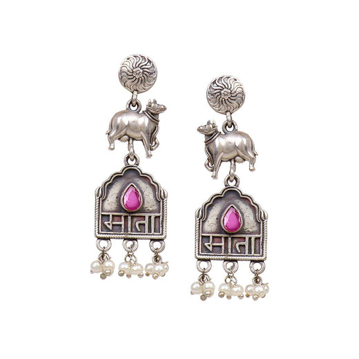 Oxidized Silver Earring with Cow Symbol and 'Mata' Monogram