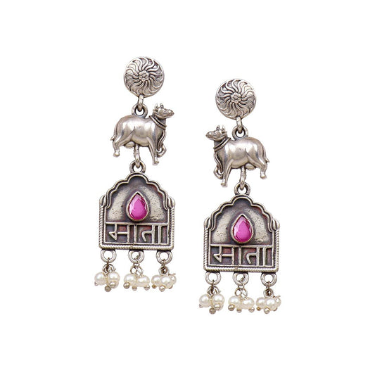 Oxidized Silver Earring with Cow Symbol and 'Mata' Monogram - T4 Jewels