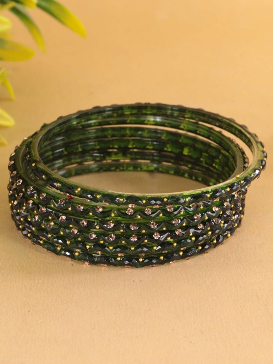 T4 Jewels Designer Green Glass Bangles With Kashmiri Look