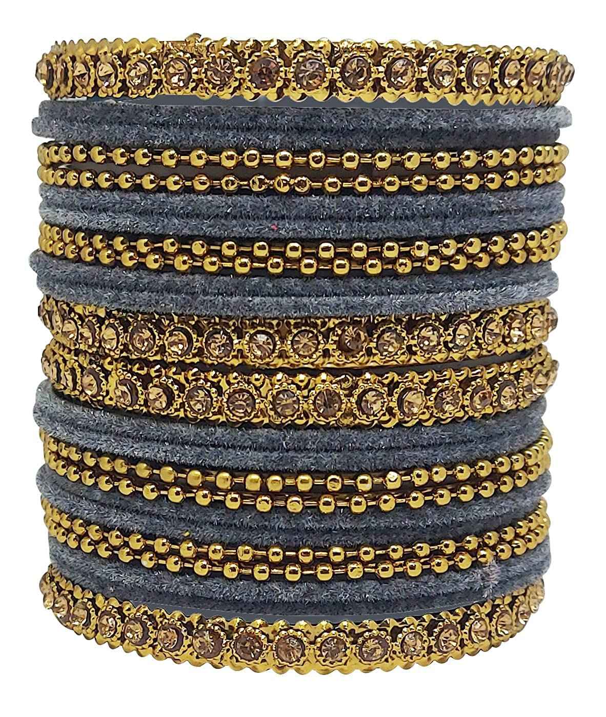 T4 Jewels 18k Gold Plated Celebrity Inspired Zircon Stones & Beads Studded Metal Bangles Set For Women & Girls - 64NO T4 Jewels