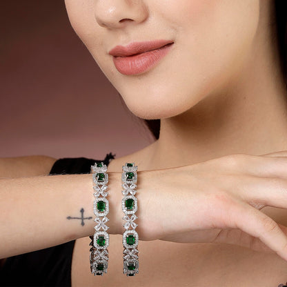 ZENEME Rhodium-Plated Silver Toned American Diamond Square Shaped studded Bangle Jewellery Set for Girls and Women (Set Of 2) T4 Jewels
