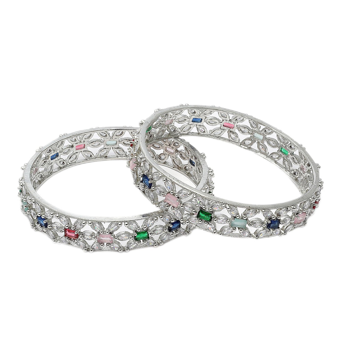 ZENEME Rhodium-Plated Silver Toned American Diamond Square Shaped studded Bangle Jewellery Set for Girls and Women (Set Of 2) 2.4 Design_03 T4 Jewels