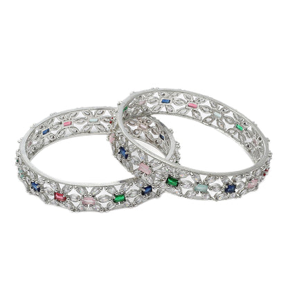ZENEME Rhodium-Plated Silver Toned American Diamond Square Shaped studded Bangle Jewellery Set for Girls and Women (Set Of 2) 2.4 Design_03 T4 Jewels