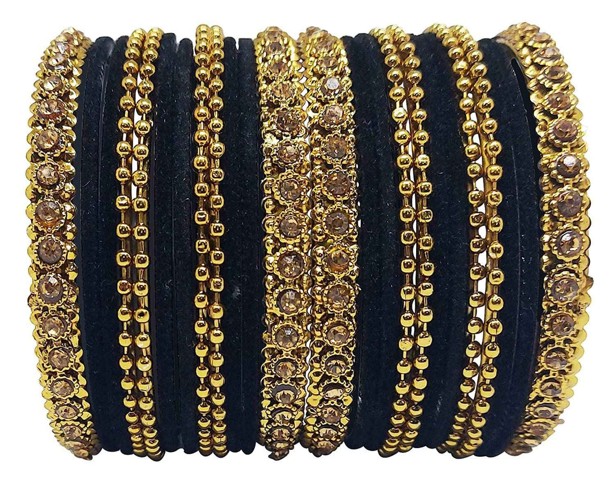 T4 Jewels 18k Gold Plated Celebrity Inspired Zircon Stones & Beads Studded Metal Bangles Set For Women & Girls - 64NO Black T4 Jewels