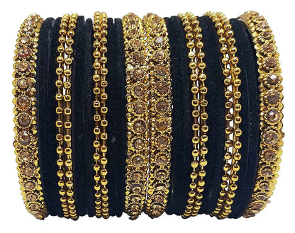 T4 Jewels 18k Gold Plated Celebrity Inspired Zircon Stones & Beads Studded Metal Bangles Set For Women & Girls - 64NO Black T4 Jewels