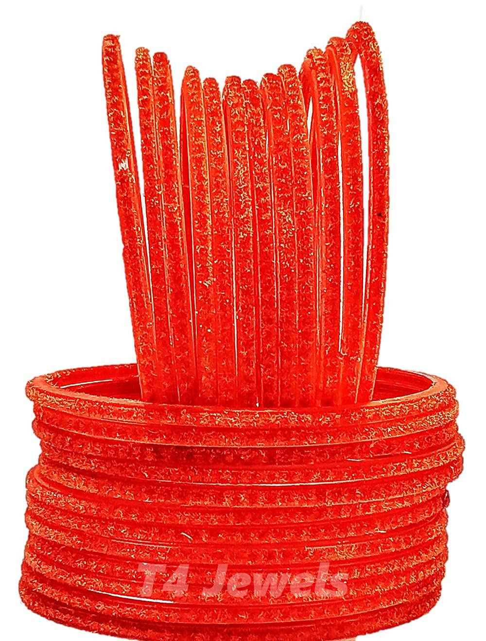 T4 Jewels Velvet Glass Bangles Set On Occasion Of Birthdays, Parties & Functions For Women & Girls- (Pack Of 24) Orange T4 Jewels