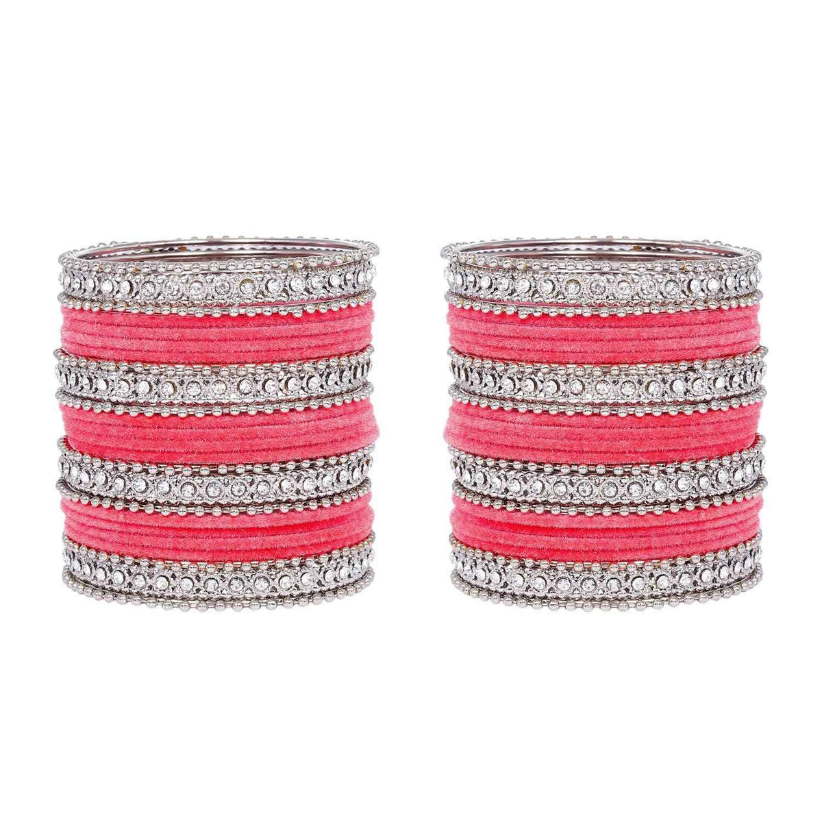 T4 Jewels Silver Plated Glossy Finished Shine Stones Studded Fashion Jewellery Metal Bangles Set For Women & Girls - (Set Of 2 Hands) T4 Jewels