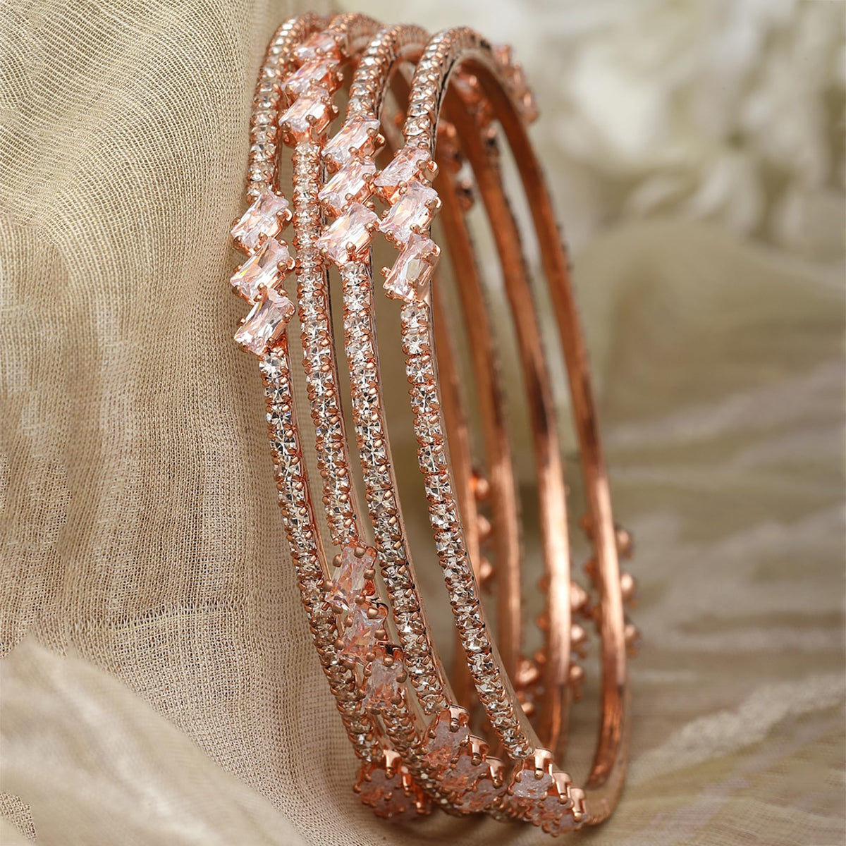 ZENEME Rose Gold-Plated Lime Green & White Oval Shaped AD studded Handcrafted Bangles Set for Girls and Women (Set Of 4) (2.8) T4 Jewels