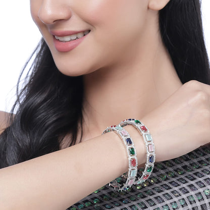 ZENEME Rhodium-Plated Silver Toned American Diamond Square Shaped studded Bangle Jewellery Set for Girls and Women (Set Of 2) T4 Jewels