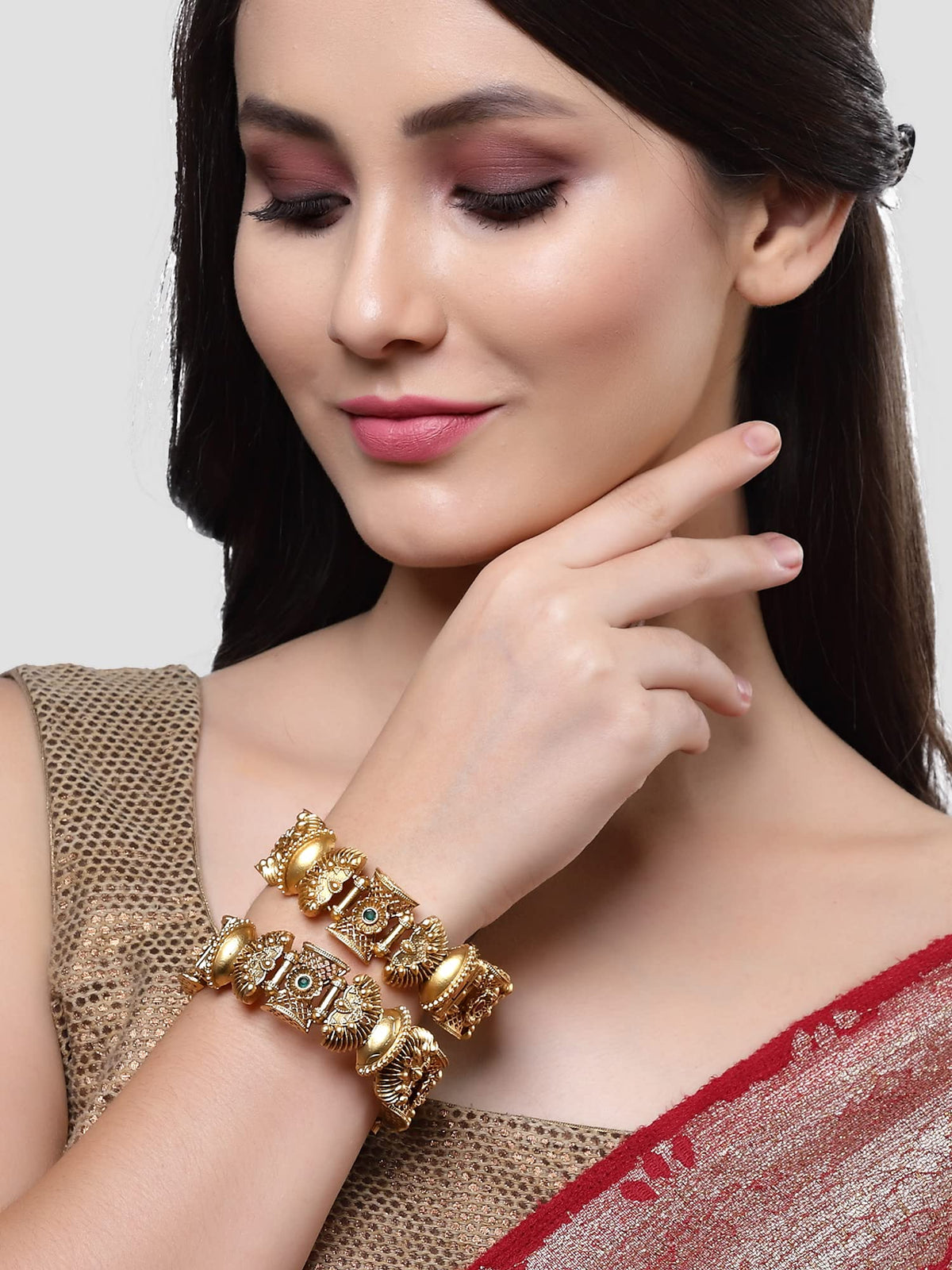 T4 Jewels Set of 2 Antique Gold Plated Rajwadi Bangles For Women T4 Jewels