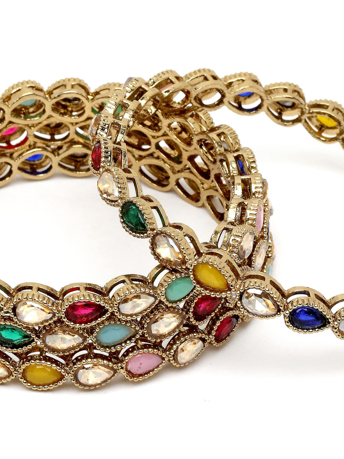 T4 Jewels Gold Plated Set of 4 Drop Shape Multicolor Stone Studded Bangles for Women T4 Jewels