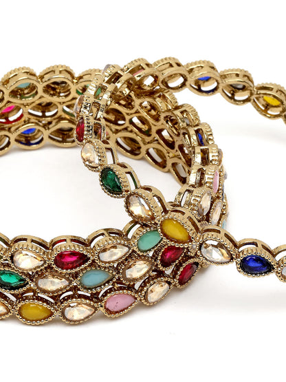T4 Jewels Gold Plated Set of 4 Drop Shape Multicolor Stone Studded Bangles for Women T4 Jewels