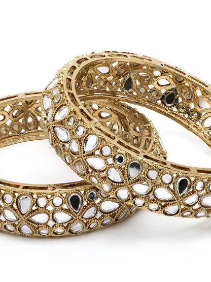 T4 Jewels Antique Gold Plated Set of 2 Floral Mirror Work Kundan Bangles for Women T4 Jewels