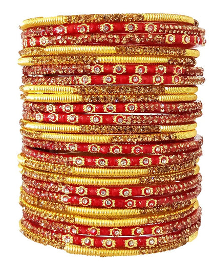 T4 Jewels (2.10 & 2.12 Size Designer Red & Golden Colour Stones Studded Beautiful Glass Bangles Bridal/Chura Set For Women & Girls 2.11 Inches T4 Jewels