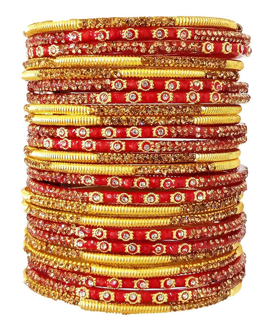 T4 Jewels (2.10 & 2.12 Size Designer Red & Golden Colour Stones Studded Beautiful Glass Bangles Bridal/Chura Set For Women & Girls