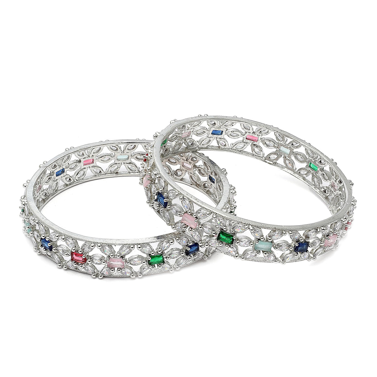 ZENEME Rhodium-Plated Silver Toned American Diamond Square Shaped studded Bangle Jewellery Set for Girls and Women (Set Of 2) 2.8 Design_03 T4 Jewels