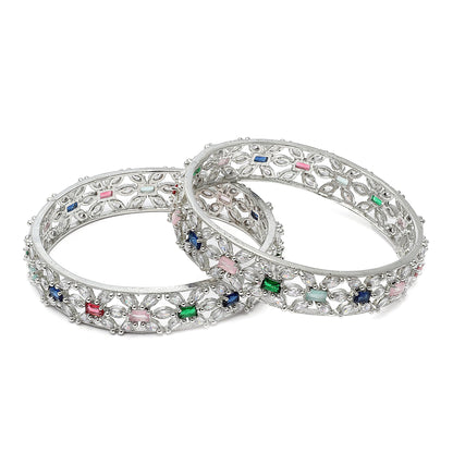 ZENEME Rhodium-Plated Silver Toned American Diamond Square Shaped studded Bangle Jewellery Set for Girls and Women (Set Of 2) 2.8 Design_03 T4 Jewels