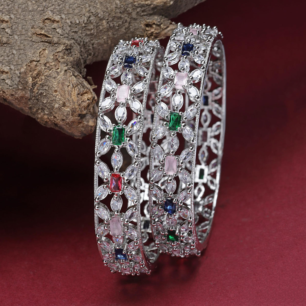 ZENEME Rhodium-Plated Silver Toned American Diamond Square Shaped studded Bangle Jewellery Set for Girls and Women (Set Of 2) T4 Jewels