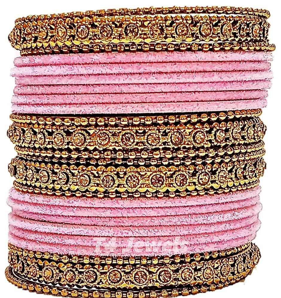 T4 Jewels Gold Plated & Stone Studded Velvet Metal Bangle Set (Wedding Chuda/Diwali Special) For Girls & Women - (Pack Of 24 Bangles) Light Pink T4 Jewels