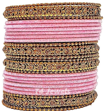 T4 Jewels Gold Plated & Stone Studded Velvet Metal Bangle Set (Wedding Chuda/Diwali Special) For Girls & Women - (Pack Of 24 Bangles) Light Pink T4 Jewels