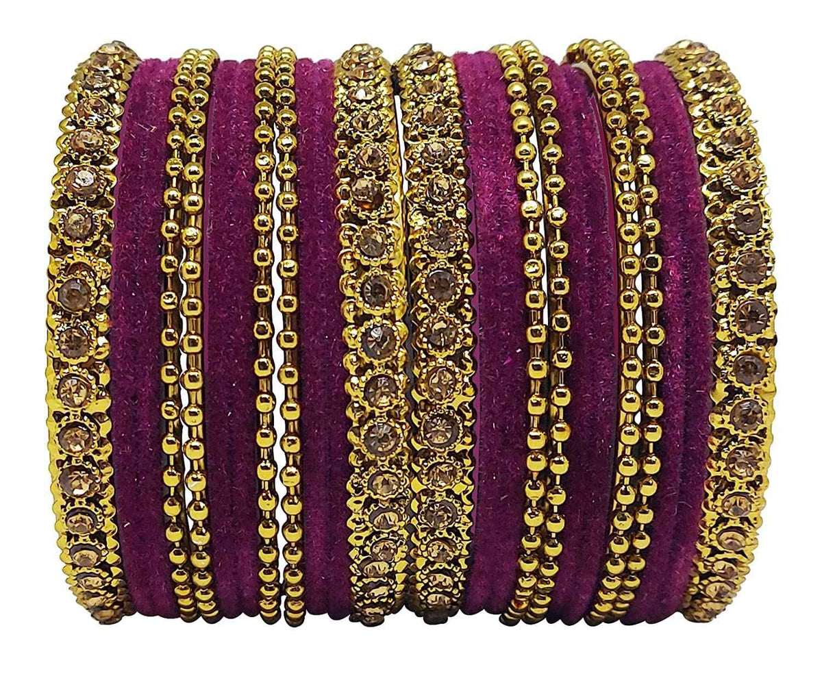 T4 Jewels 18k Gold Plated Celebrity Inspired Zircon Stones & Beads Studded Metal Bangles Set For Women & Girls - 64NO Maroon T4 Jewels