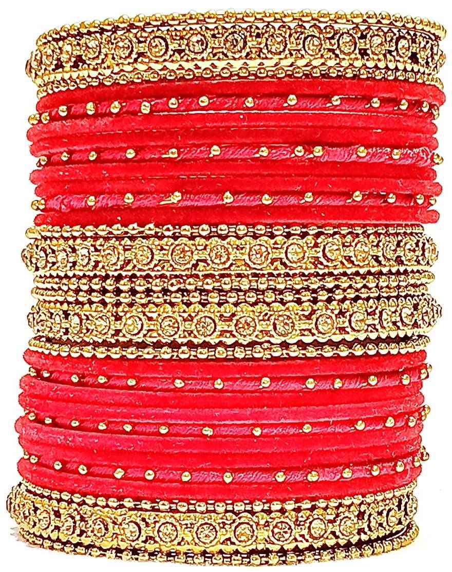 T4 Jewels Gold Plated & Stone Studded Velvet Metal Bangle Set (Wedding Chuda/Diwali Special) For Girls & Women - (Pack Of 24 Bangles) Dotted Red T4 Jewels