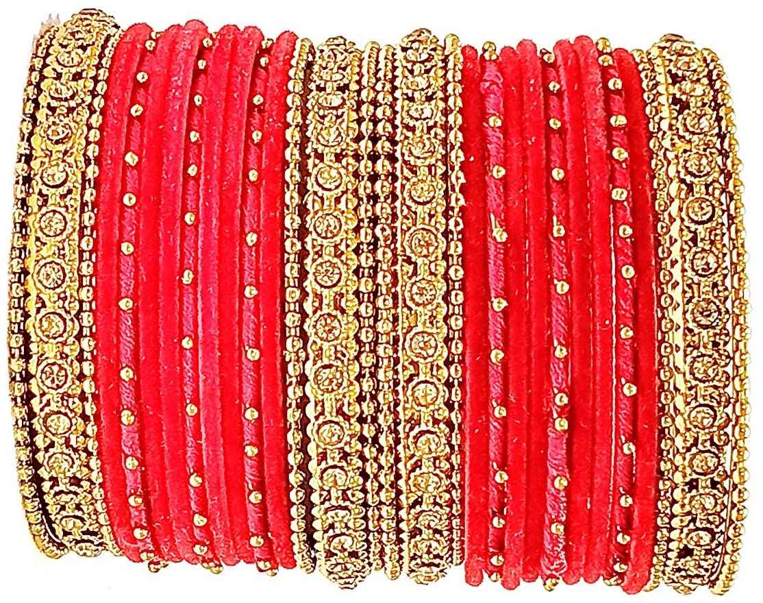 T4 Jewels Gold Plated & Stone Studded Velvet Metal Bangle Set (Wedding Chuda/Diwali Special) For Girls & Women - (Pack Of 24 Bangles) T4 Jewels