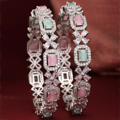 ZENEME Rhodium-Plated Silver Toned American Diamond Square Shaped studded Bangle Jewellery Set for Girls and Women (Set Of 2) T4 Jewels