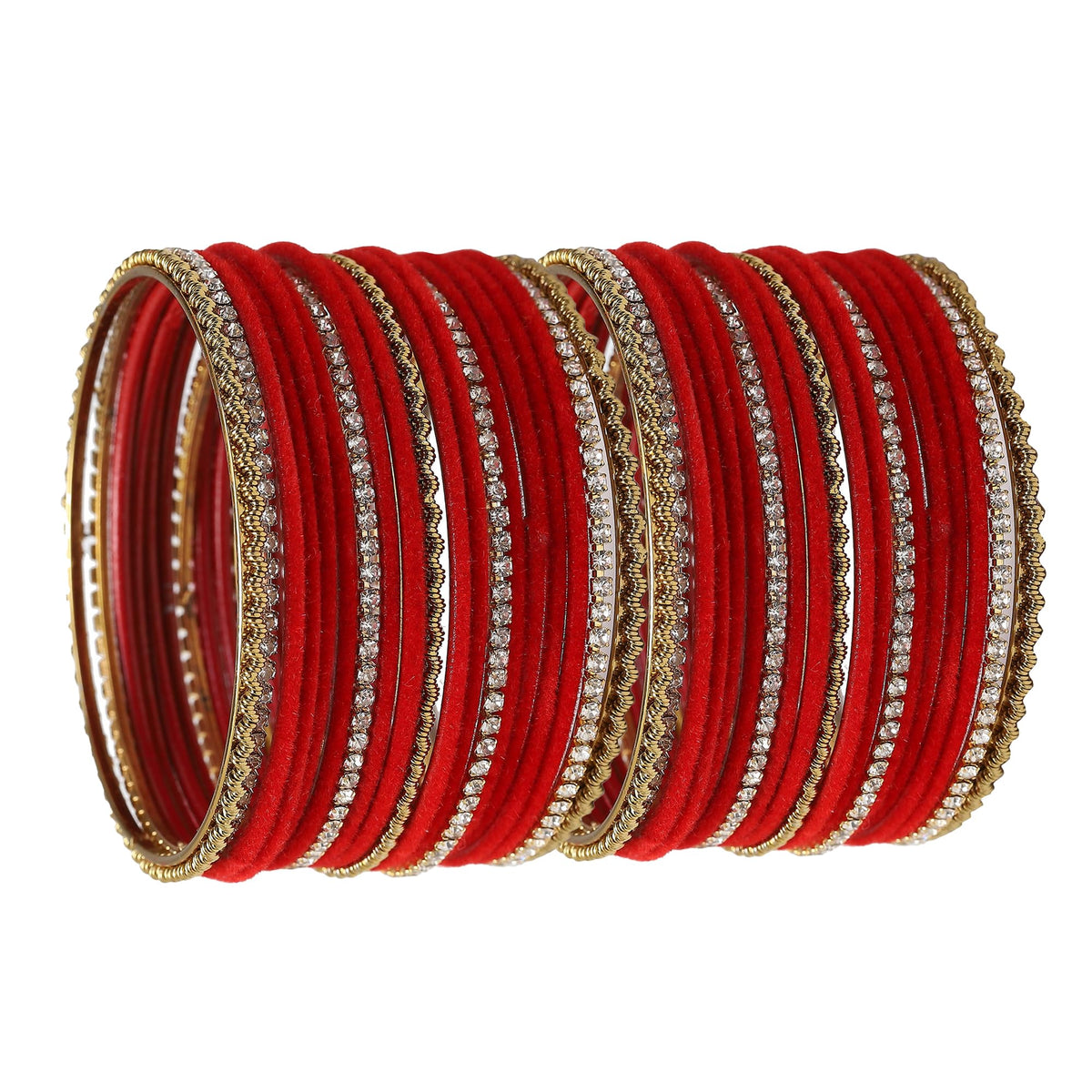 ZENEME Gold-Plated Matte Finish Velvet White American Diamonds Studded Bangles Set Of 36 For Girls and Women Red T4 Jewels