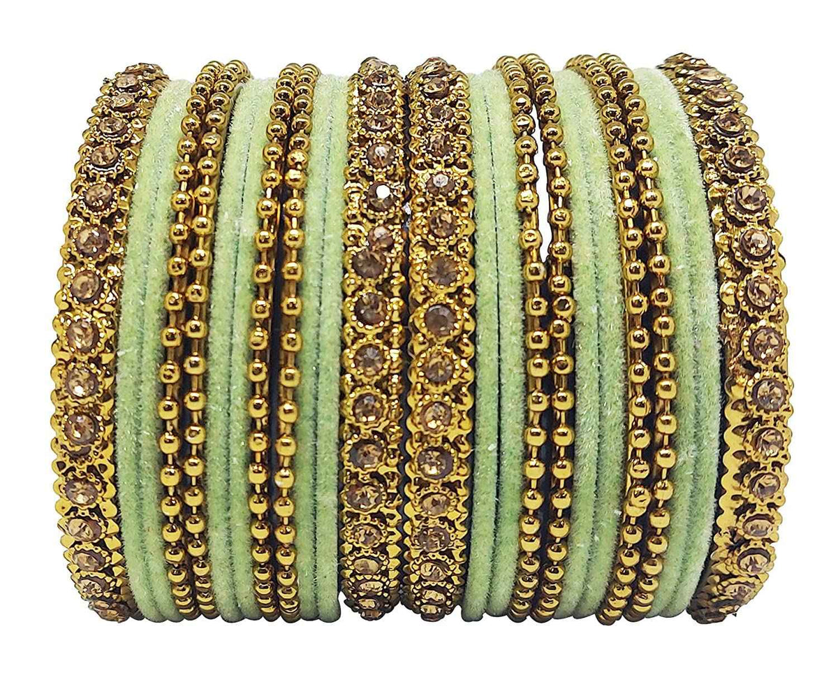 T4 Jewels 18k Gold Plated Celebrity Inspired Zircon Stones & Beads Studded Metal Bangles Set For Women & Girls - 64NO Pista T4 Jewels