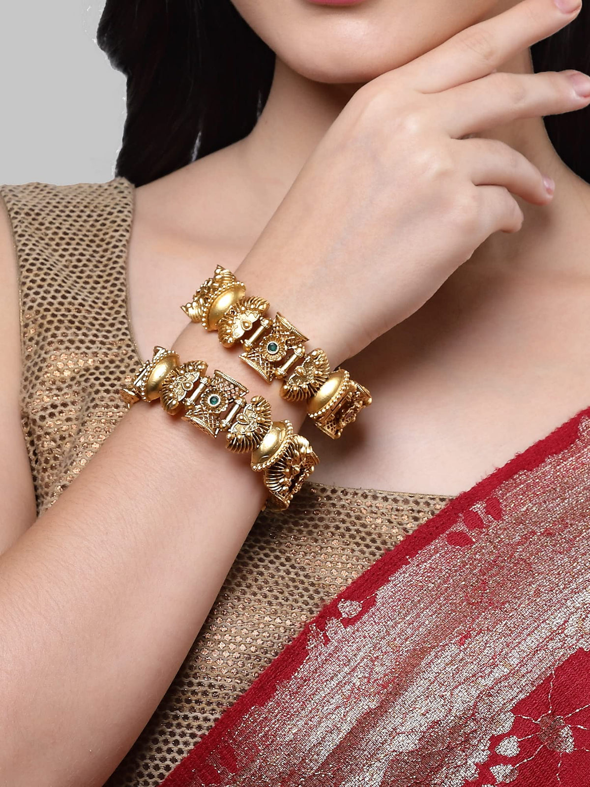 T4 Jewels Set of 2 Antique Gold Plated Rajwadi Bangles For Women T4 Jewels