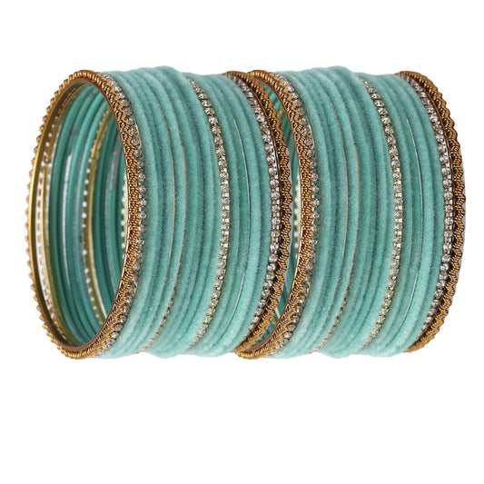 ZENEME Gold-Plated Matte Finish Velvet White American Diamonds Studded Bangles Set Of 36 For Girls and Women Turquoise Blue T4 Jewels