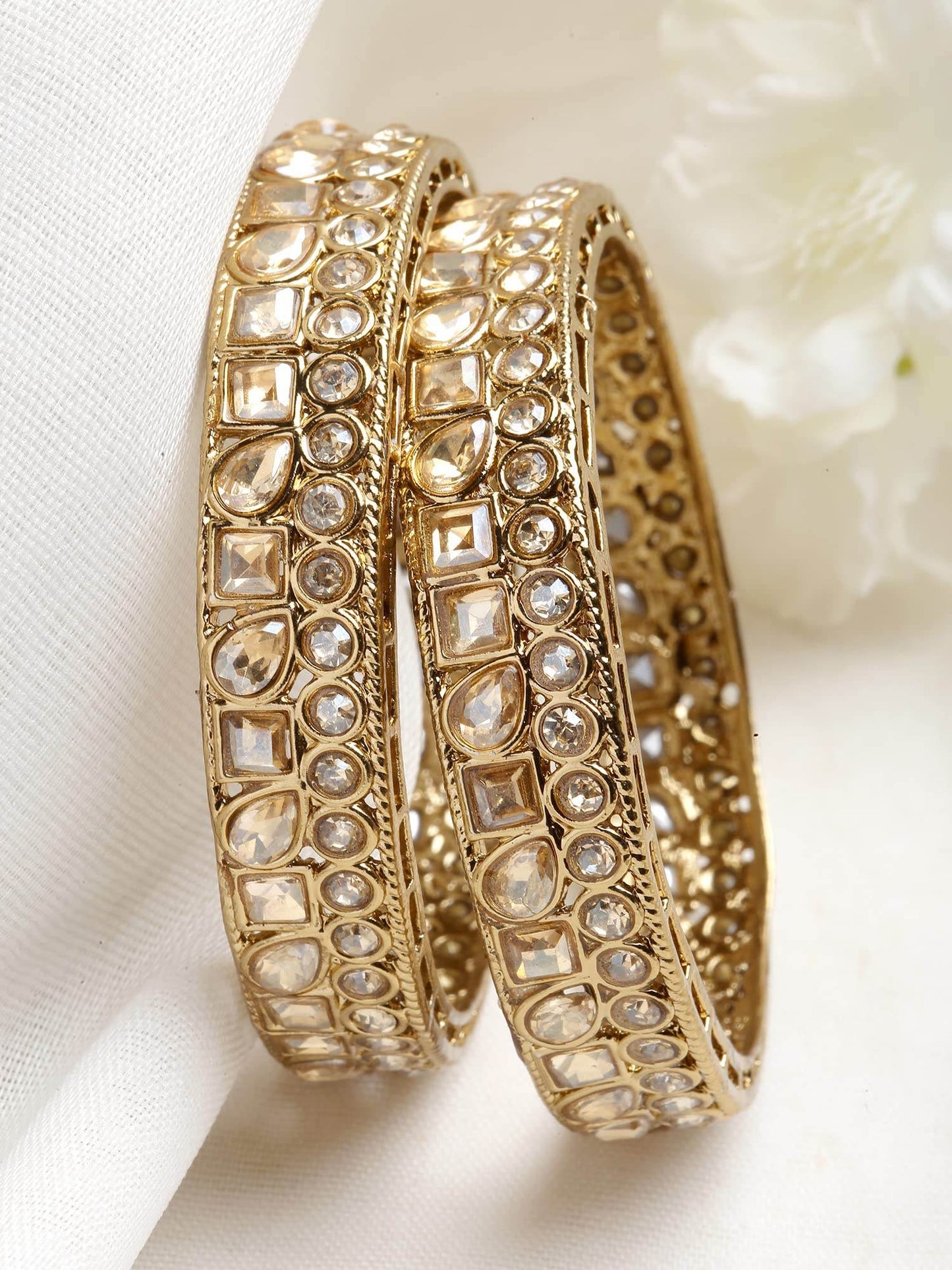 T4 Jewels Set of 2 Golden Kundan Studded Antique Gold Plated Bangles for Women