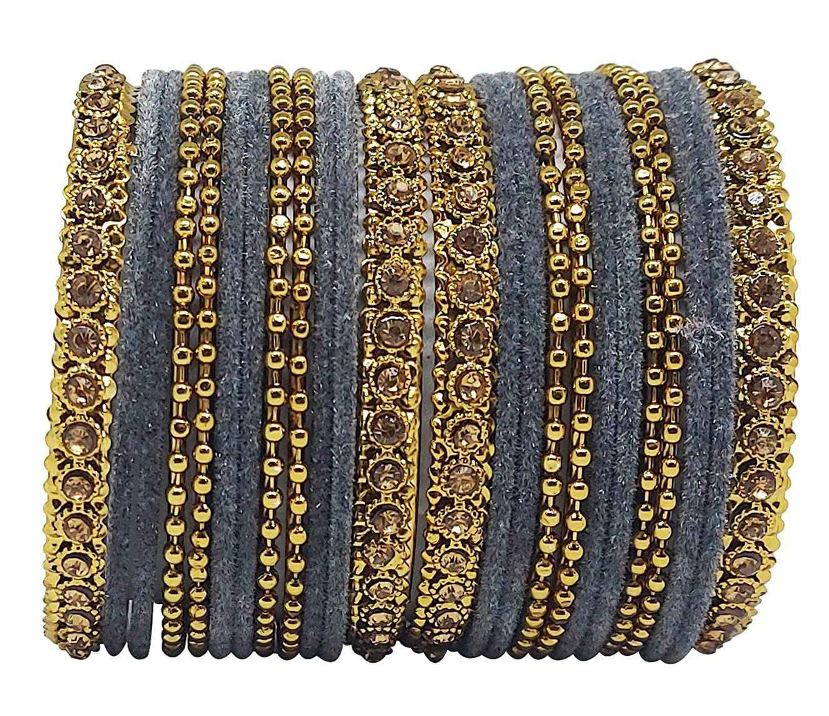 T4 Jewels 18k Gold Plated Celebrity Inspired Zircon Stones & Beads Studded Metal Bangles Set For Women & Girls - 64NO Grey T4 Jewels
