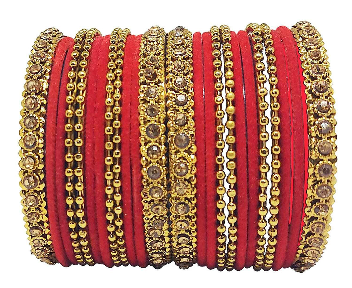 T4 Jewels 18k Gold Plated Celebrity Inspired Zircon Stones & Beads Studded Metal Bangles Set For Women & Girls - 64NO Red T4 Jewels