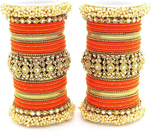 T4 Jewels Pearl Cubic Zirconia Kundan Bangles Set Red/Green/Blue/Pink Colours Bridal Chuda/Wedding Chuda - 90NO.
