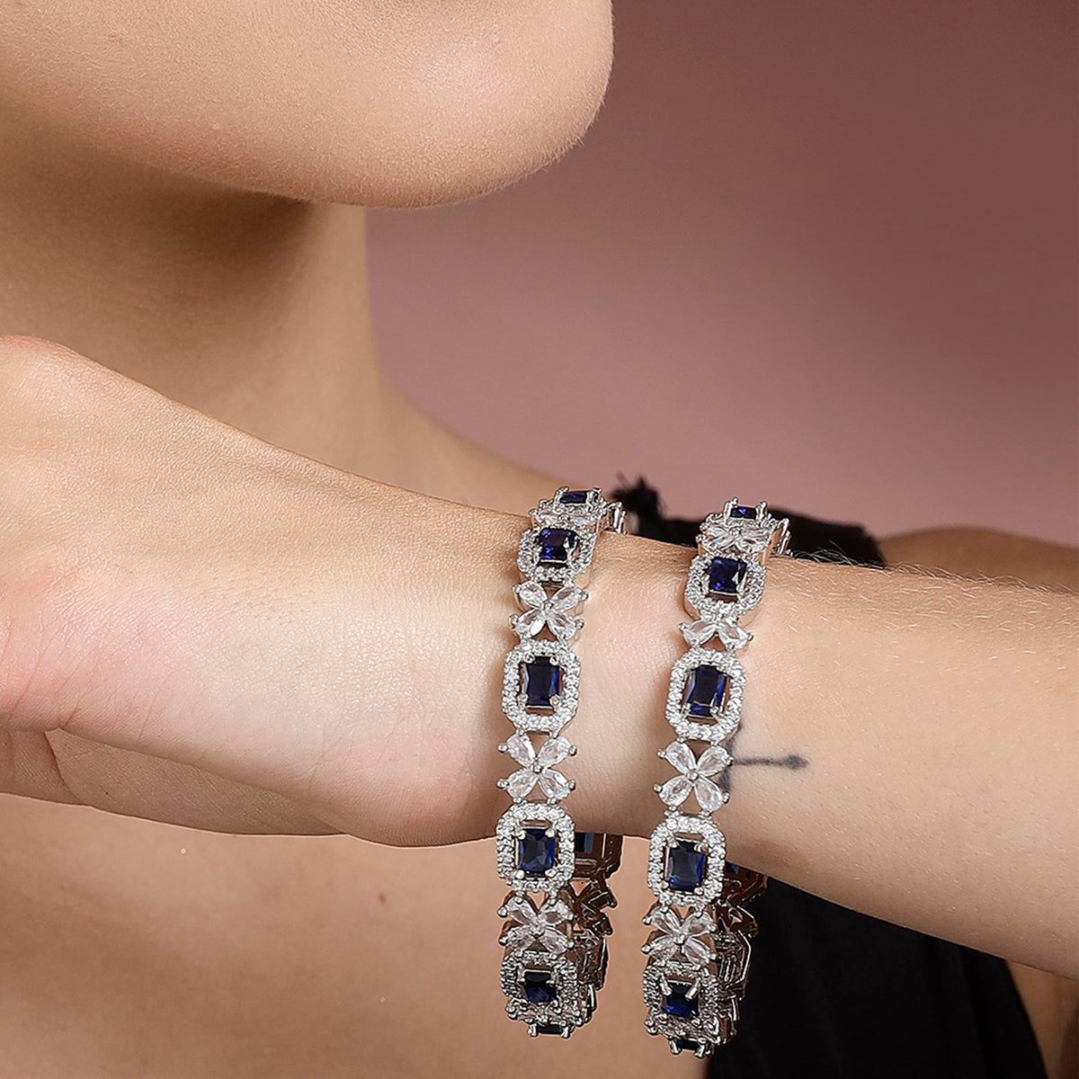 ZENEME Rhodium-Plated Silver Toned American Diamond Square Shaped studded Bangle Jewellery Set for Girls and Women (Set Of 2) T4 Jewels