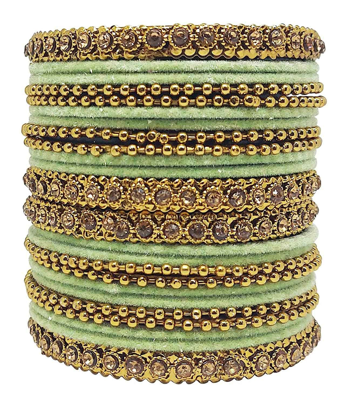 T4 Jewels 18k Gold Plated Celebrity Inspired Zircon Stones & Beads Studded Metal Bangles Set For Women & Girls - 64NO Pista 2.4 Inches T4 Jewels
