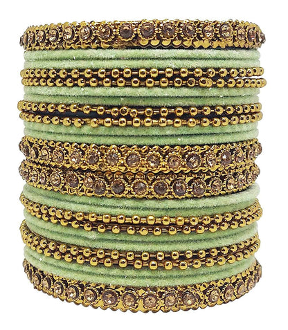 T4 Jewels 18k Gold Plated Celebrity Inspired Zircon Stones & Beads Studded Metal Bangles Set For Women & Girls - 64NO Pista 2.4 Inches T4 Jewels