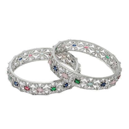 ZENEME Rhodium-Plated Silver Toned American Diamond Square Shaped studded Bangle Jewellery Set for Girls and Women (Set Of 2) 2.6 Design_03 T4 Jewels