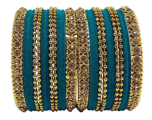 T4 Jewels 18k Gold Plated Celebrity Inspired Zircon Stones & Beads Studded Metal Bangles Set For Women & Girls - 64NO Morpankh T4 Jewels