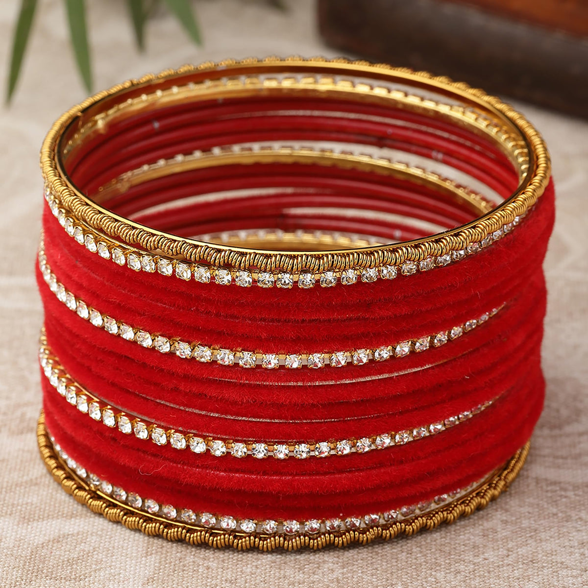 ZENEME Gold-Plated Matte Finish Velvet White American Diamonds Studded Bangles Set Of 36 For Girls and Women T4 Jewels
