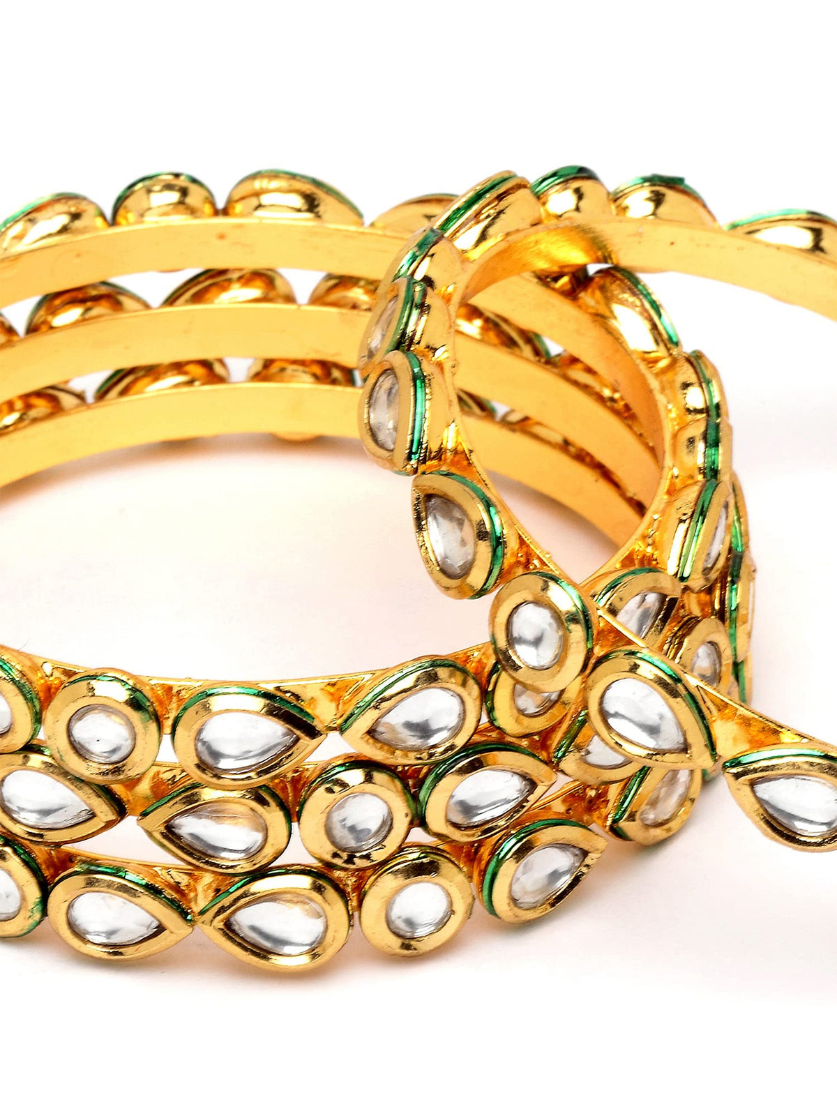 T4 Jewels Set of 4 Gold Plated Round and Drop Shape Polki Kundan Studded Bangles for Women T4 Jewels