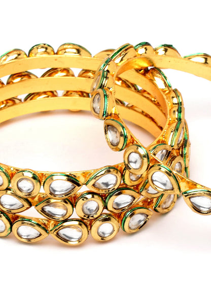 T4 Jewels Set of 4 Gold Plated Round and Drop Shape Polki Kundan Studded Bangles for Women T4 Jewels