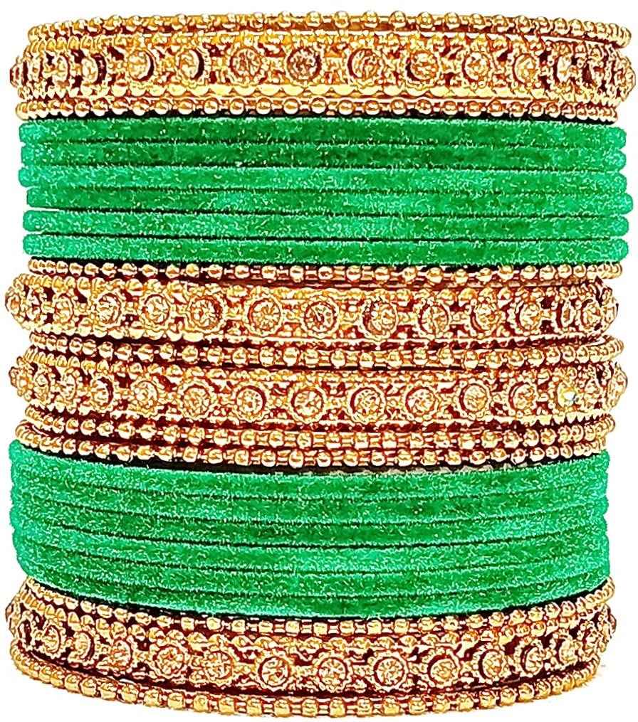 T4 Jewels Gold Plated & Stone Studded Velvet Metal Bangle Set (Wedding Chuda/Diwali Special) For Girls & Women - (Pack Of 24 Bangles) Green T4 Jewels