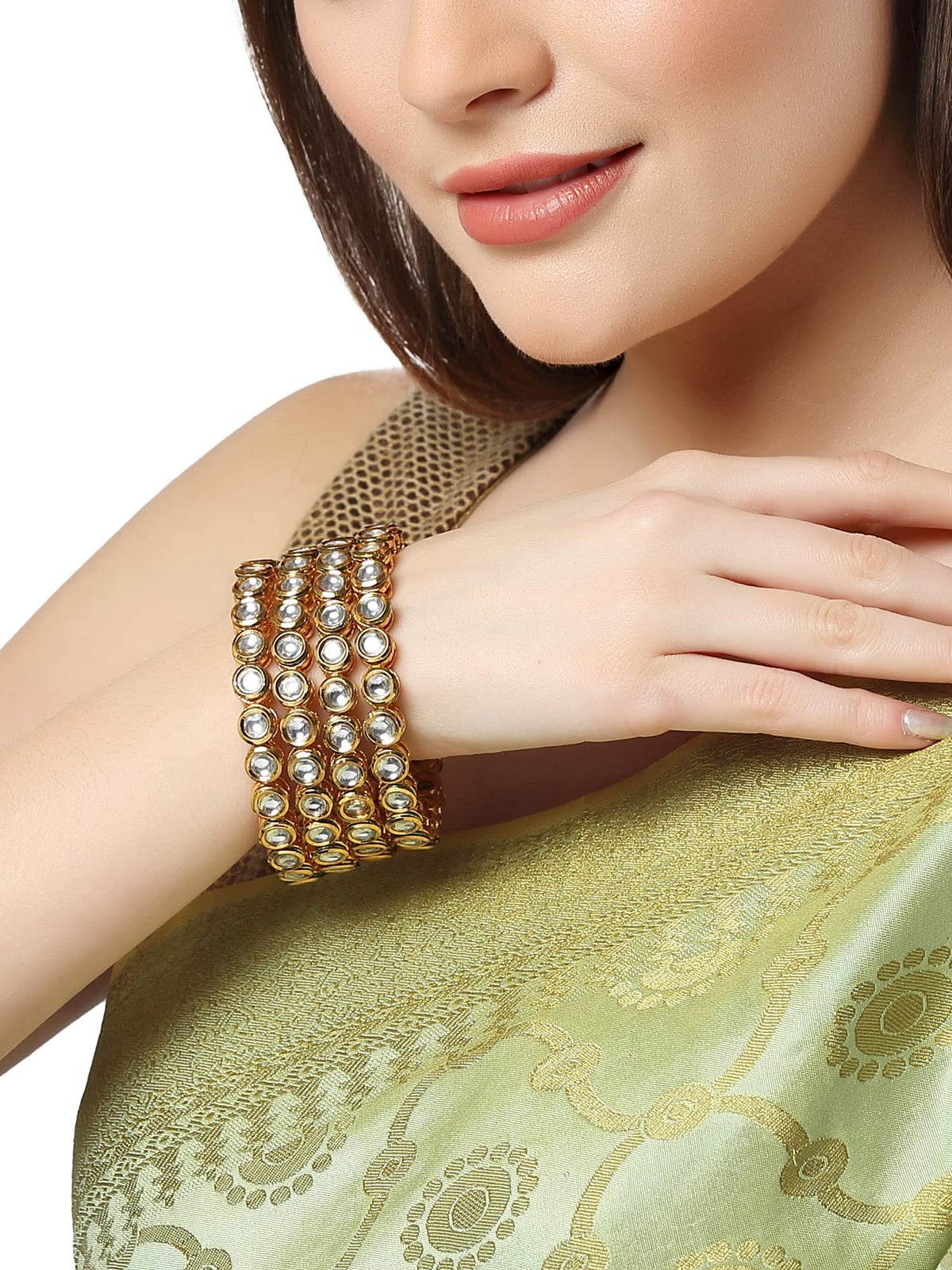 T4 Jewels Set of 4 Antique Gold Plated Round Polki Kundan Rajwadi Bangles for Women T4 Jewels